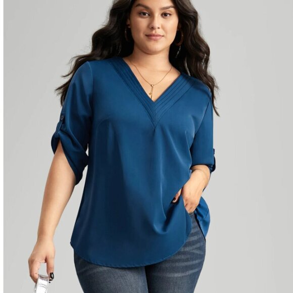 BloomChic Plus Size V Neck Plain Pleated Tab Sleeve Blouse - Picture 1 of 7